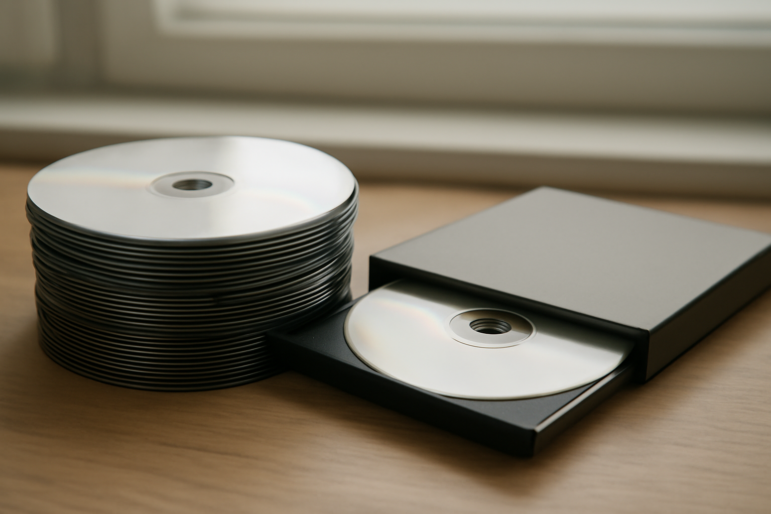 Tumpukan DVD kosong dan drive optik eksternal di atas meja kayu